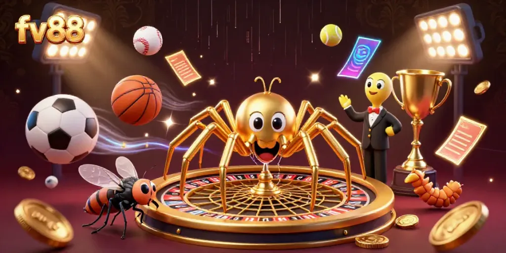 Place bets at fv88 with a golden spider and a centipede dealer in a dynamic casino scene.