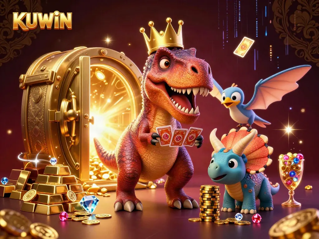 KUWIN showcases a friendly T-Rex and friends in a vibrant casino setting with cards and chips.