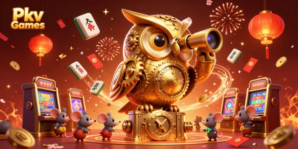 Engage with Pkv Games as an owl oversees joyful casino activities amidst vibrant decorations and games.
