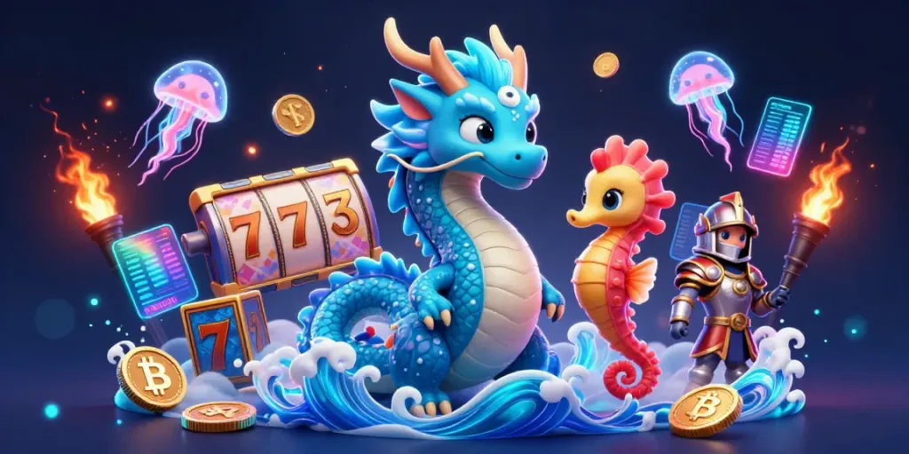 Engage in thrilling moments at Onbet with a mystical underwater scene featuring a water dragon and vibrant gaming elements.