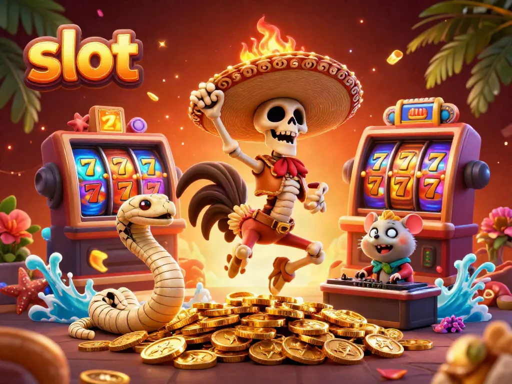 A lively scene with a skeleton mariachi rooster, mummy snake, and zombie hamster DJ celebrating slots and jackpot wins.