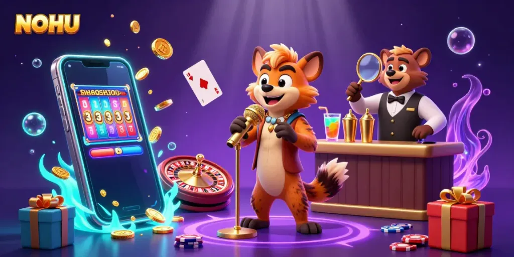 Experience exciting games with NOHU as hyenas bring amusement and slot fun to life in a vibrant casino club.