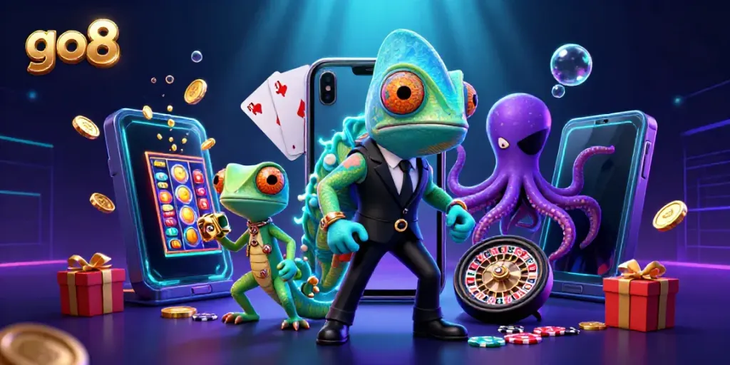 Engage with go8's vibrant casino scene featuring a spy chameleon, a gadget gecko, and a villainous octopus.