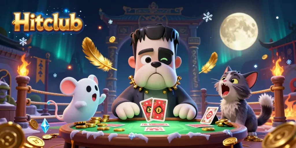 Hitclub: A vibrant 3D monster dealer at a spooky table surrounded by golden coins and lively game elements.