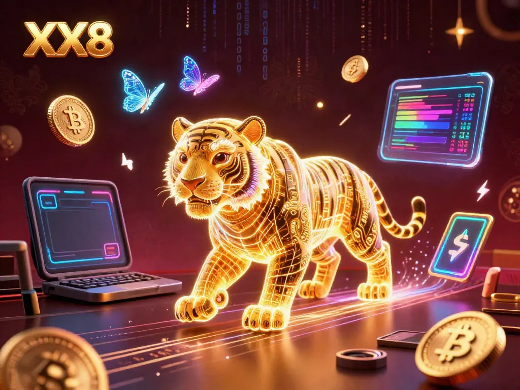 Experience the thrill of XX8 gaming in a vibrant digital casino with glowing neon elements.