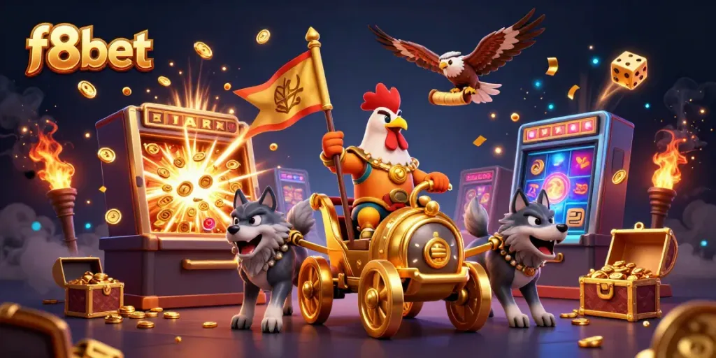 Experience the excitement of f8bet with a golden war chariot, slot machines, and stunning casino elements.