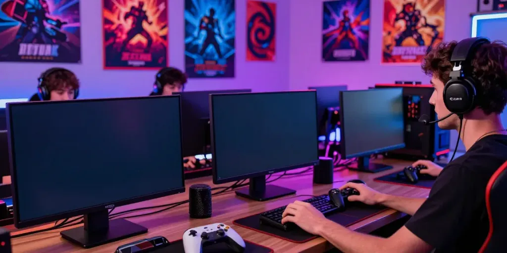 Gamer bermain di POHON4D dengan peralatan gaming lengkap dan latar belakang yang cerah.