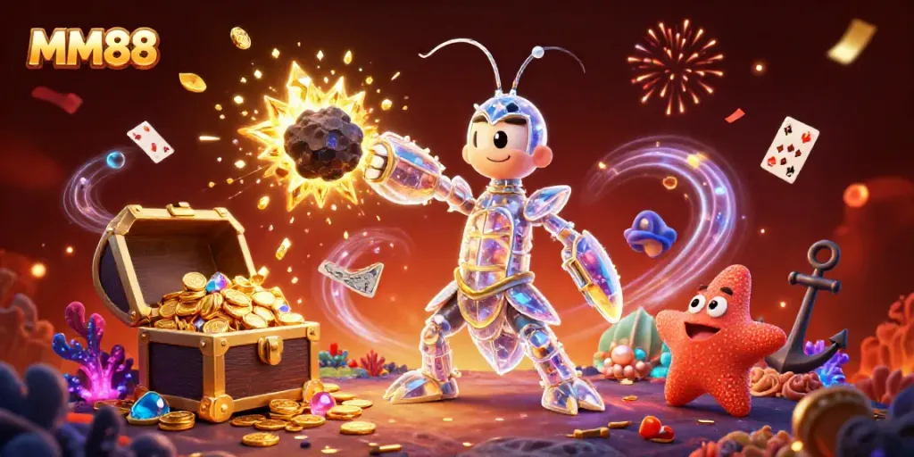 Experience the excitement of MM88 with vibrant 3D casino-themed characters amidst a treasure explosion.