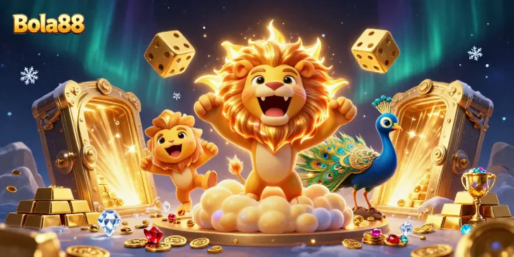 Bola88 showcases a triumphant sun lion amidst cosmic golden treasures, captivating players in a vibrant digital landscape.