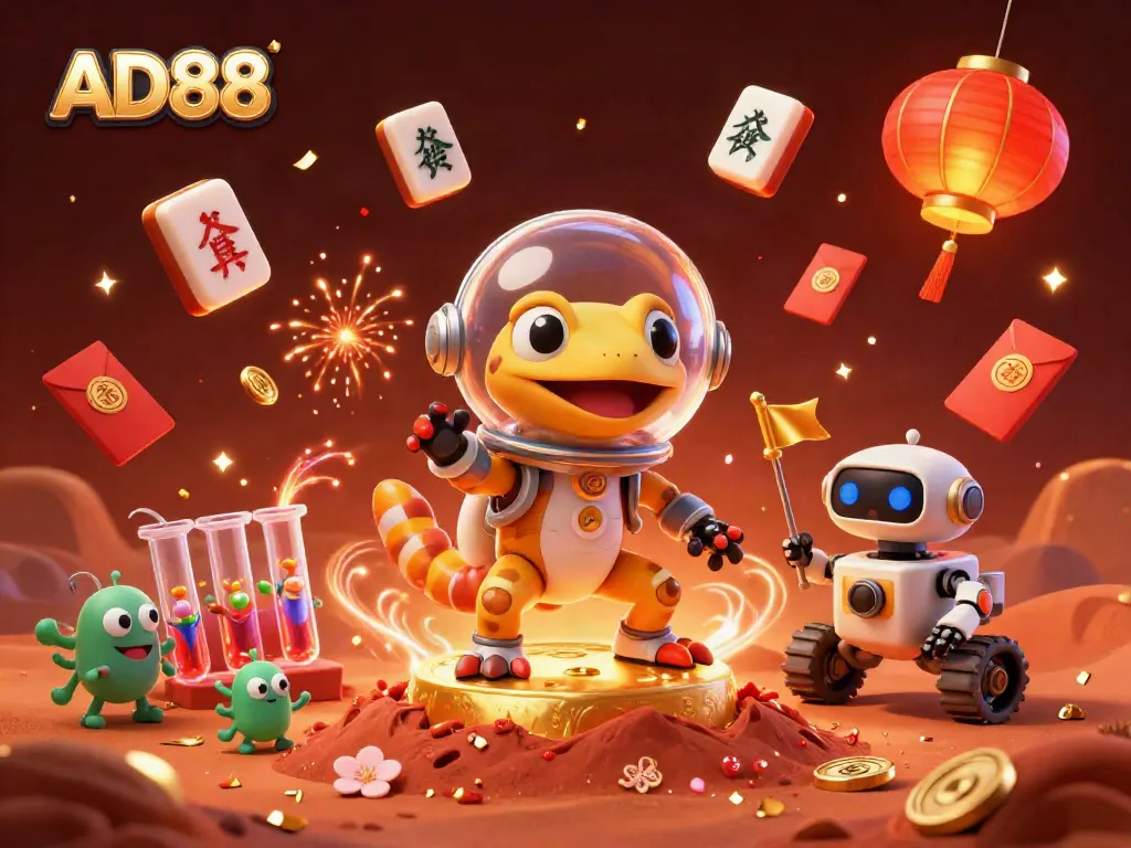 Experience the vibrant world of AD88, showcasing a 3D Martian gecko celebrating at a golden casino.