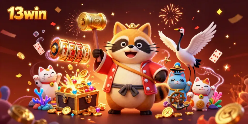 Experience the excitement of 13win with a cheerful tanuki and friends celebrating jackpots amidst vibrant casino elements.