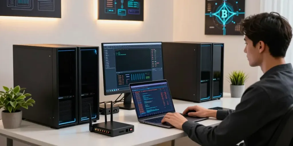 Dynamic workspace showcasing a Bitcoin VPS provider with multiple screens and tech equipment.