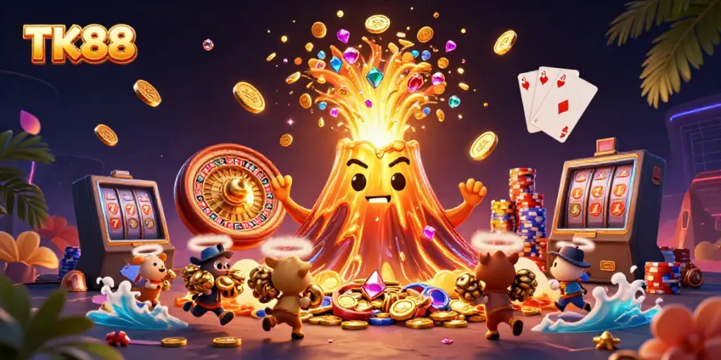 Experience exciting wins at TK88 with a golden volcano erupting treasures and dynamic casino elements.