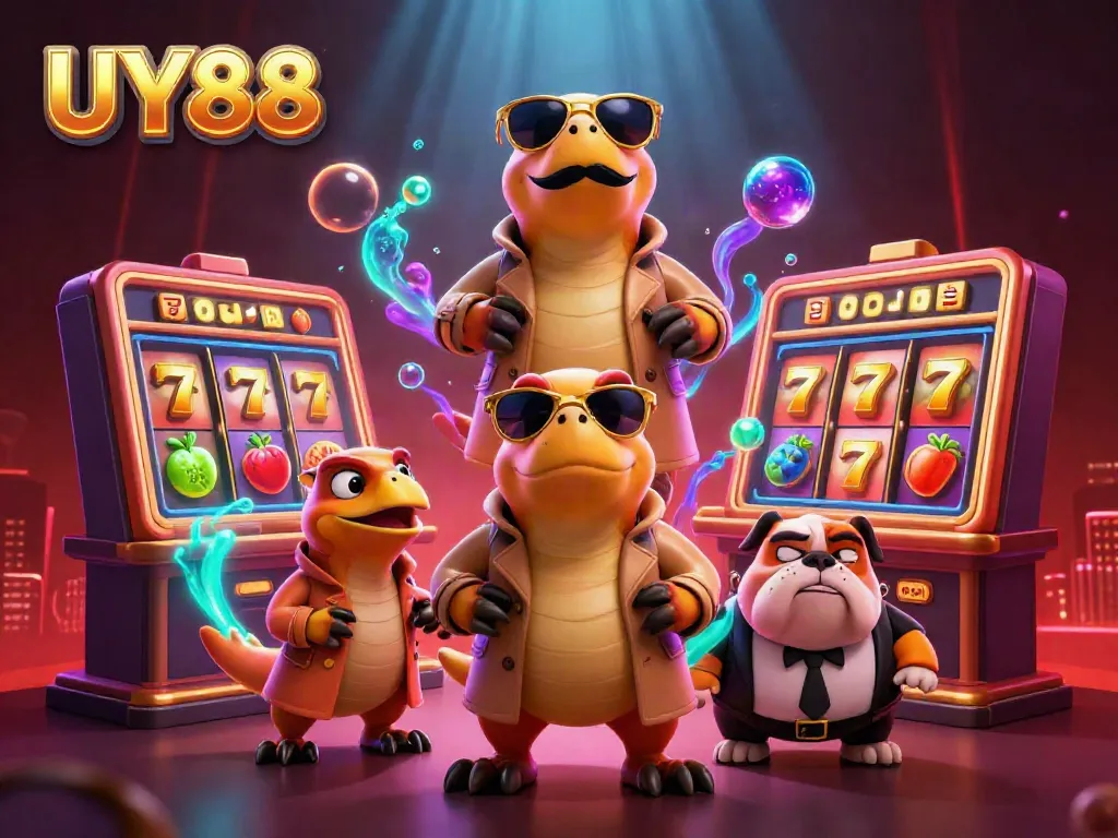 Experience the lively action of UY88 with raptors in a trench coat entering a VIP casino lounge!