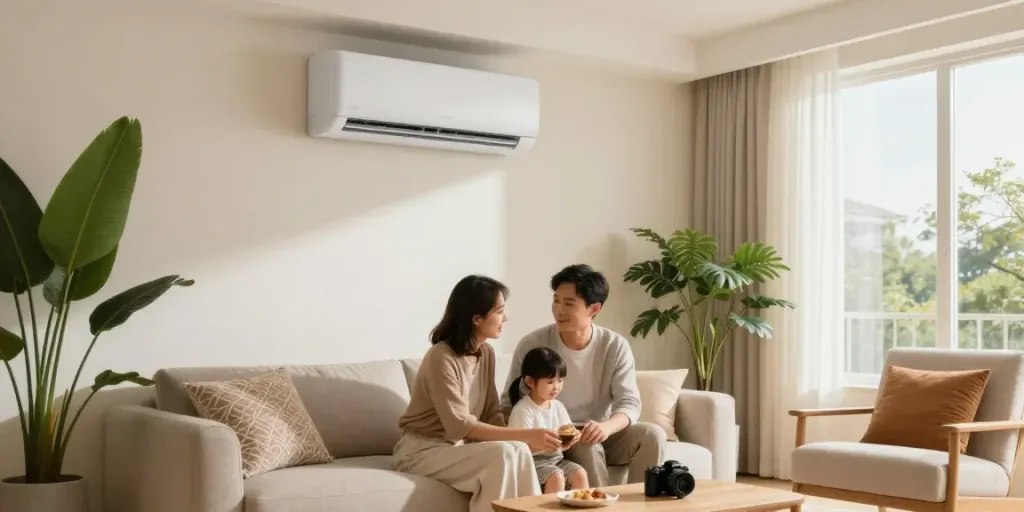 Family enjoying a comfortable living room with a mini split AC for efficient cooling.