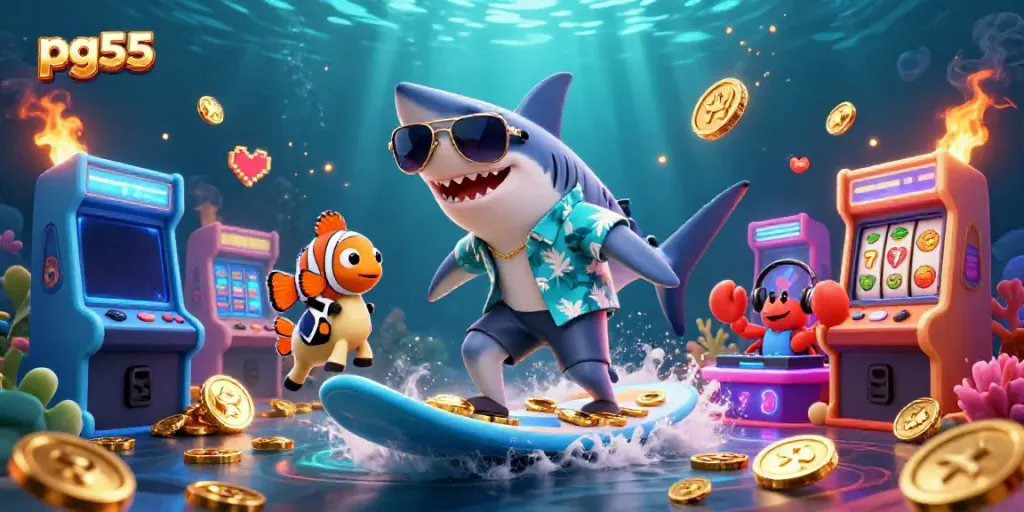 Join the fun with pg55 as a shark surfs on gold coins and a DJ crab spins records!