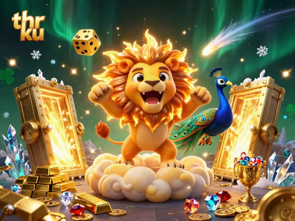 Engage in thrilling experiences with the vibrant thr ku-themed casino scene featuring a roaring lion and golden dice.