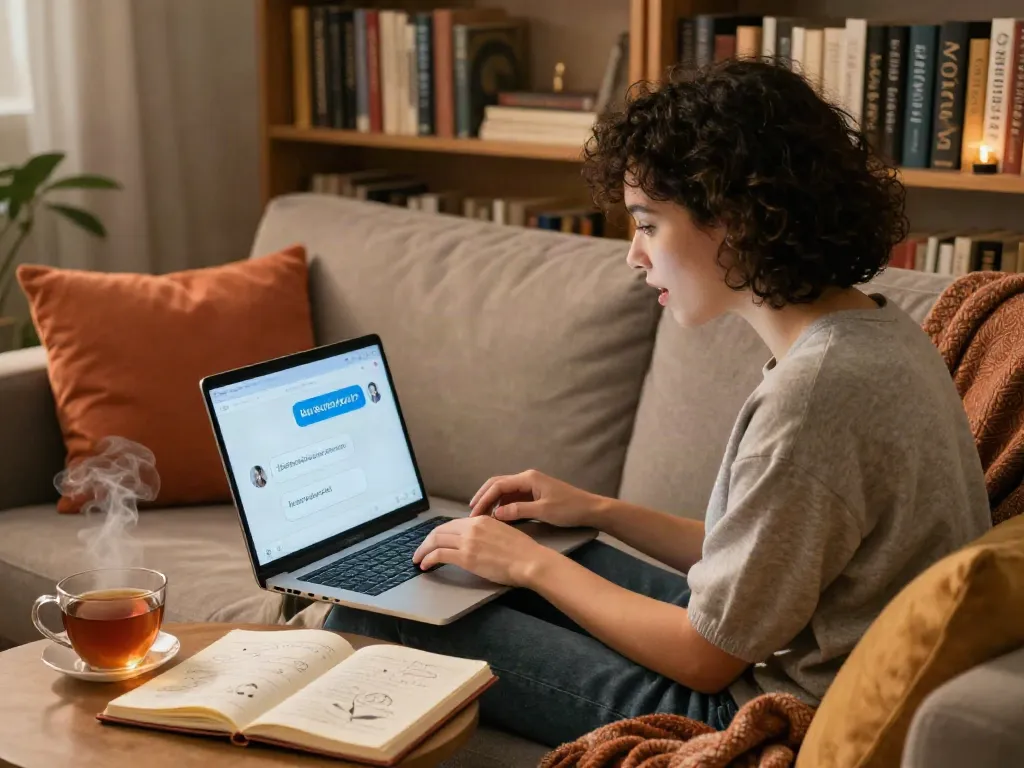 A cozy lounge setup featuring a person enjoying free ai sex chat on a laptop with ambient lighting.