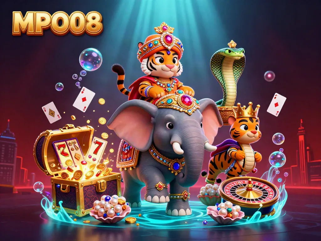 Join the MPO08 adventure with a vibrant casino scene featuring a maharaja riding an elephant.
