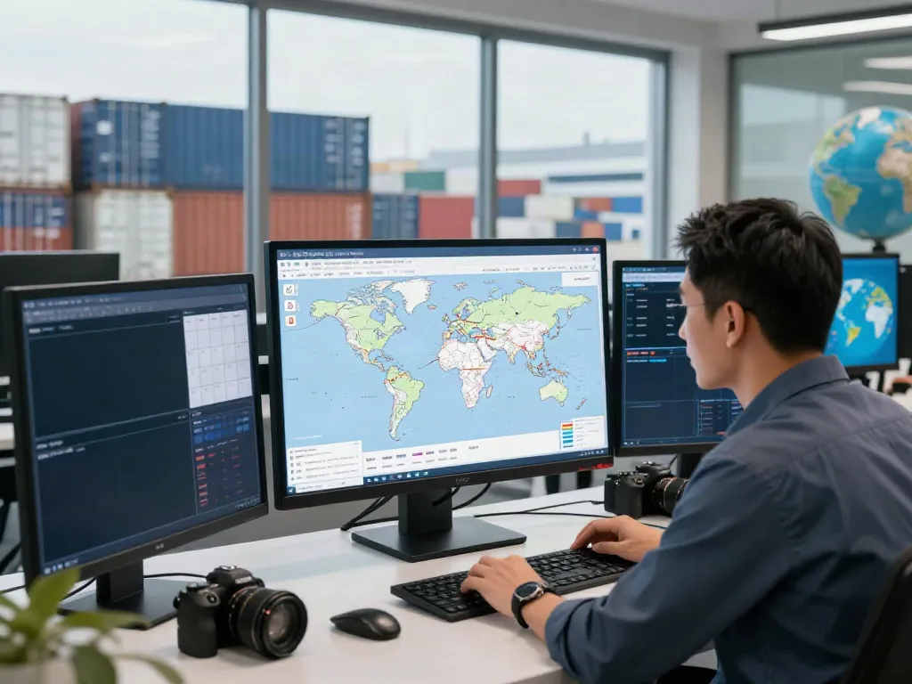 Professioneller Logistikexperte analysiert internationale Transporte mit digitalem Kartensystem.