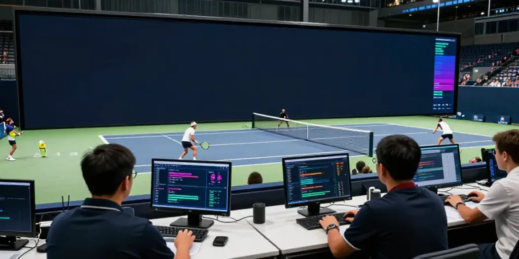 Tennis prediction algorithm data analysis in a high-tech environment during a live match.