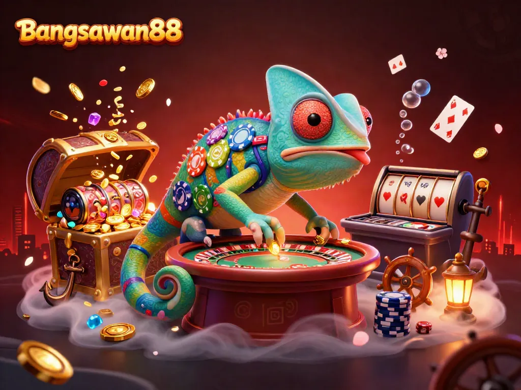 Bangsawan88 gaming excitement with a colorful chameleon owner surrounded by casino treasures and vibrant symbols.