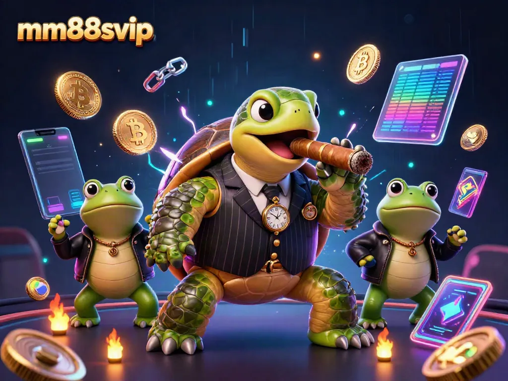 Experience thrilling gameplay at mm88svip with a vibrant 3D casino scene featuring a mobster turtle and bullfrogs.