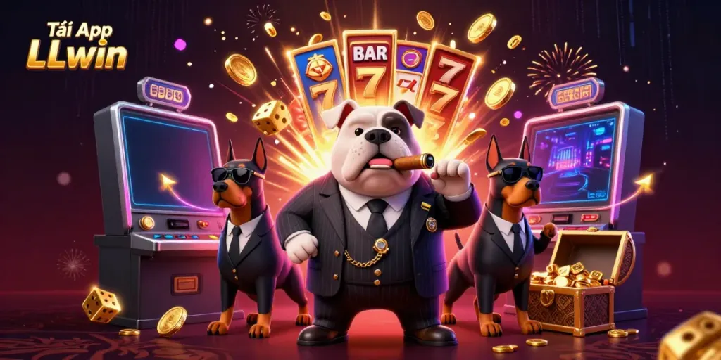 Experience thrilling gameplay with Tải App LLwin, featuring a cartoon bulldog mafia boss and casino elements.