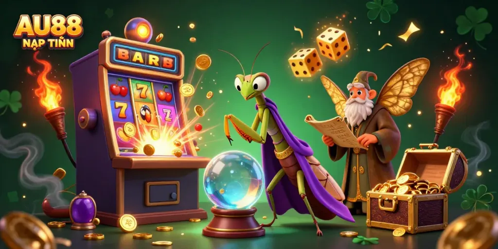 Experience the thrill of AU88 NẠP TIỀN with a vibrant cartoon casino scene filled with fortune-tellers, treasures, and dynamic action.