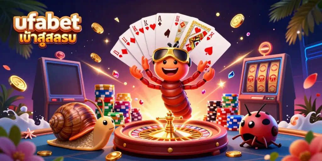 Experience the ufabet เข้าสู่ระบบ excitement with a colorful casino scene featuring a cartoon millipede dealer, a high-roller snail, and a jubilant pill bug.