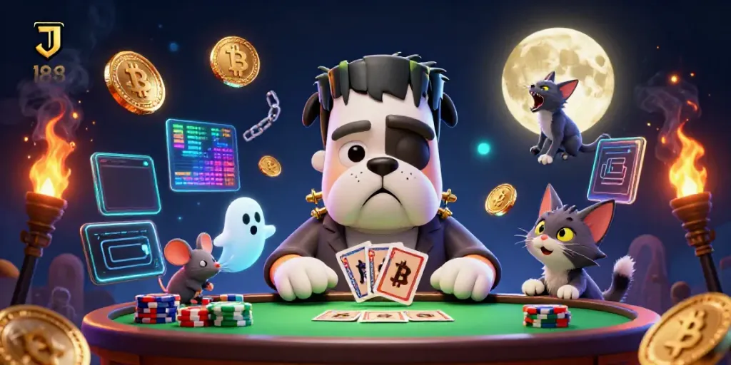 Engage with J 188's thrilling gaming atmosphere featuring Frankenstein bulldog, ghost mouse, and werewolf kitten