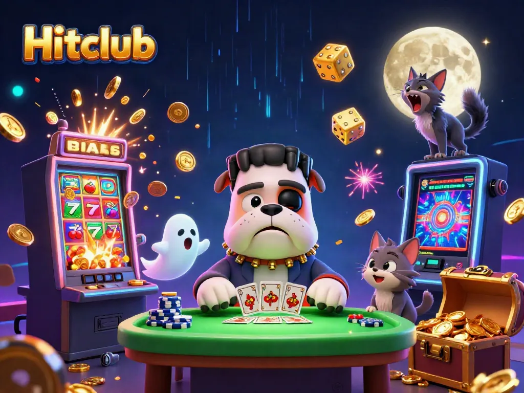 Hitclub's cartoon atmosphere features spirited characters celebrating wins at a casino.
