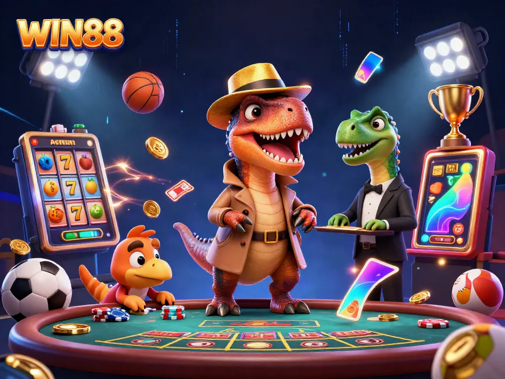 Experience the thrilling action of WIN88 at a vibrant casino with a playful dinosaur theme.