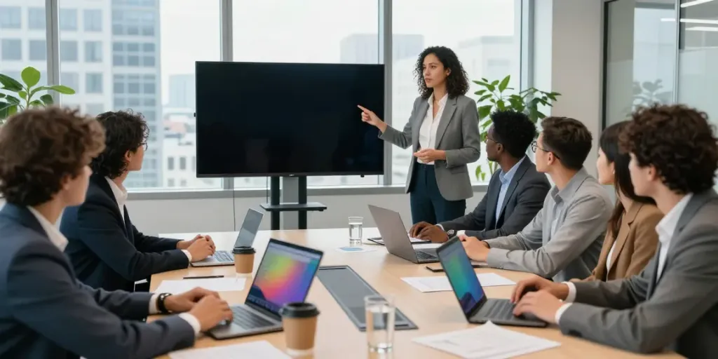 Team strategizing in a bright office setting showcasing business coaching Connecticut concepts.