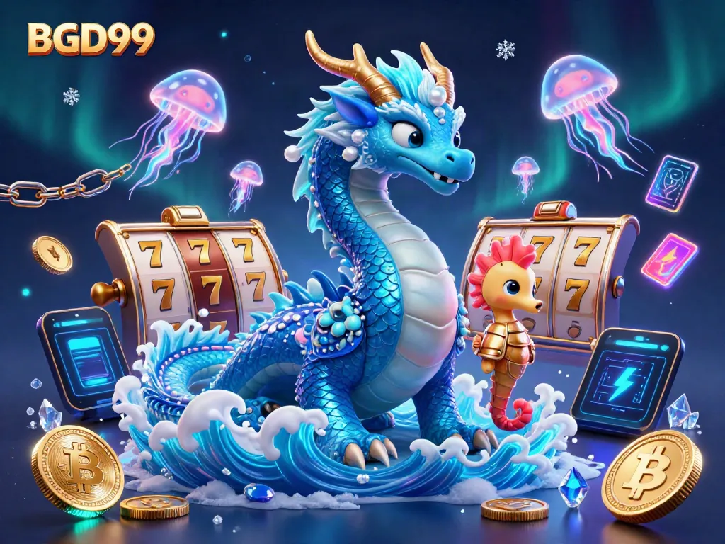 Play slots and win with BGD99, featuring a dynamic scene of a water dragon, lucky symbols, and vibrant crypto elements.