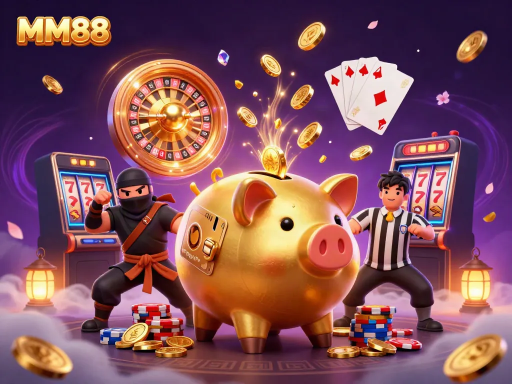 Engage with MM88's vibrant casino world, featuring dynamic characters in a golden atmosphere.
