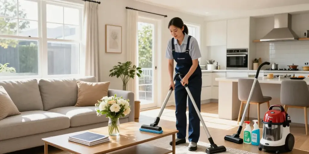 House cleaning Melbourne scene with a professional cleaner organizing a bright living room.