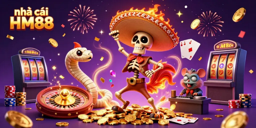 Experience excitement at nhà cái HM88 with a vibrant casino scene featuring dynamic characters and gaming elements.