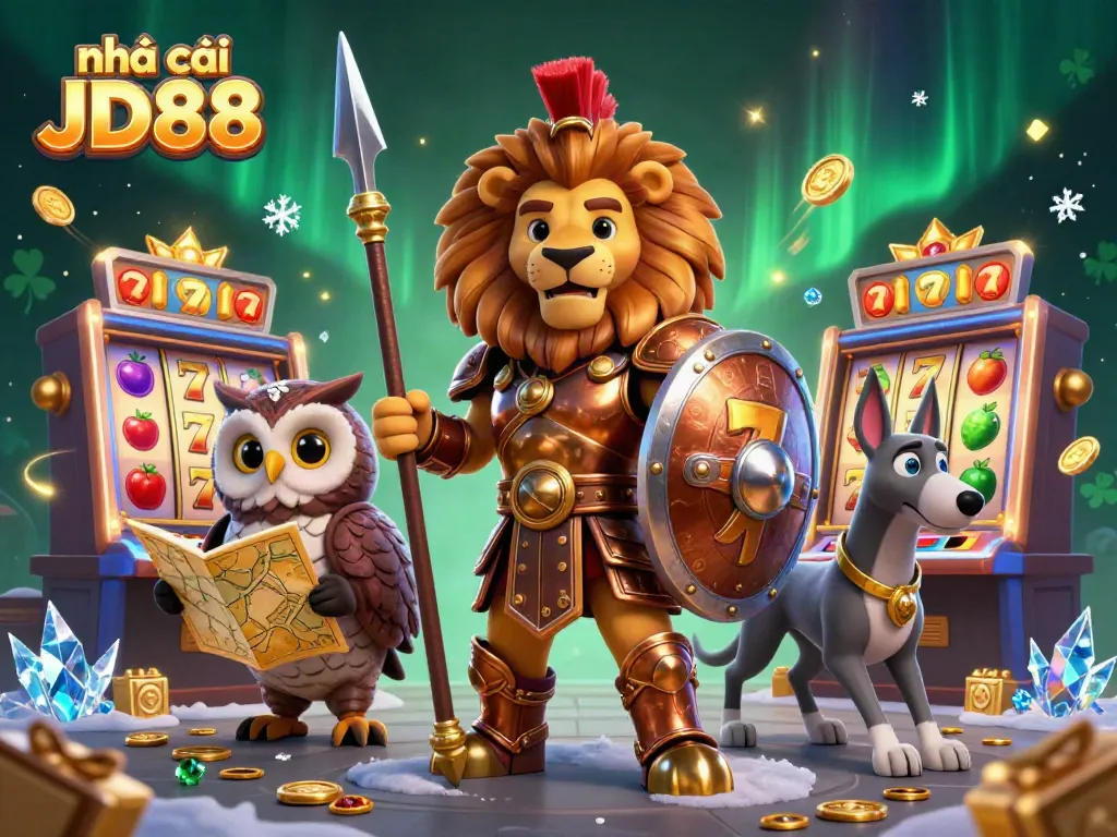 Engage with the thrilling world of nhà cái JD88 featuring a dynamic casino scene with characters in action.