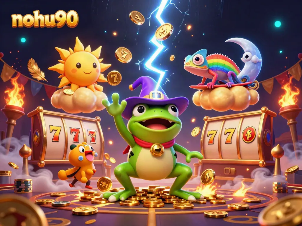 Experience the magic of nohu90 with a vibrant 3D scene showcasing a wizard frog and chameleon in a dynamic casino.