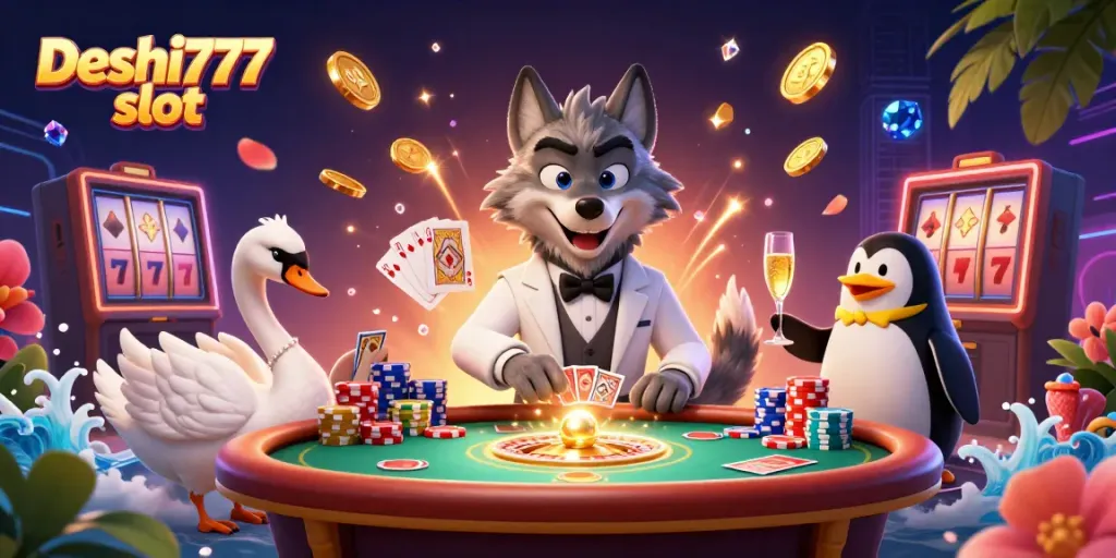 Experience the excitement of the Deshi777 slot with vibrant 3D characters in a dynamic casino scene.