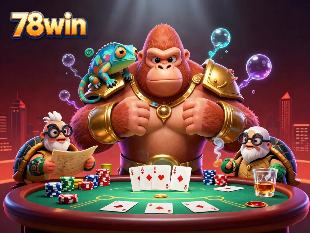 Experience the excitement of 78win with a vibrant 3D scene featuring a gorilla king at a poker table.