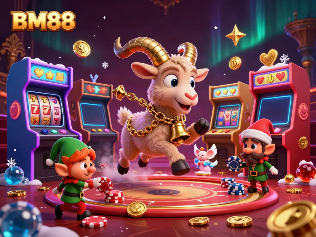 Experience the festive thrill at BM88 with Krampus, angel mouse, and gremlins in a vibrant casino setting.