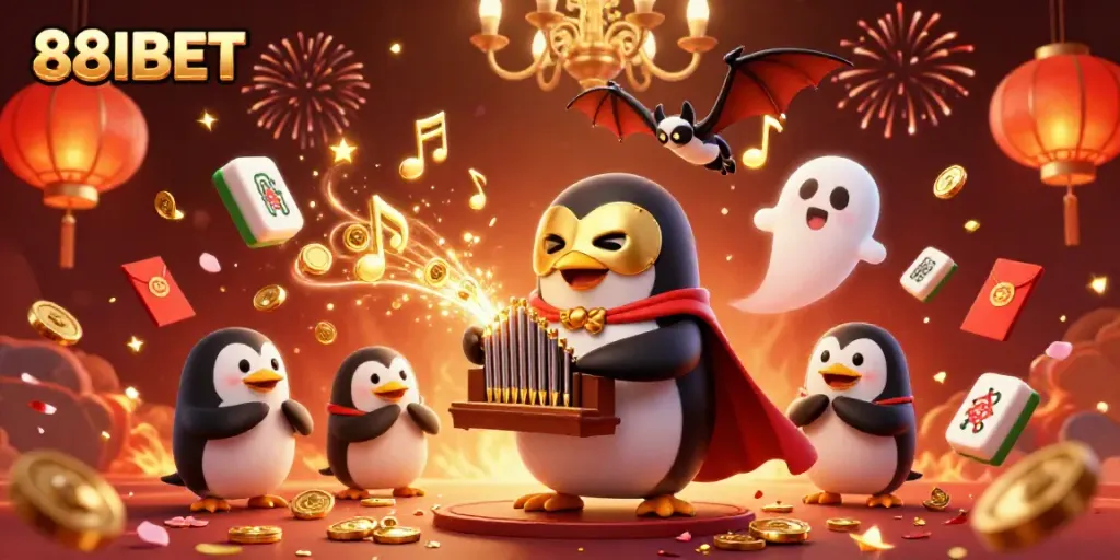 Experience the excitement of 88IBET with a magical casino scene featuring a phantom penguin and festive elements.