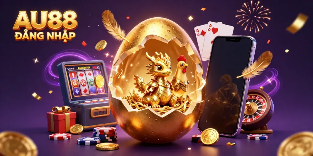 Experience the excitement of AU88 ĐĂNG NHẬP with a golden dragon and casino elements.