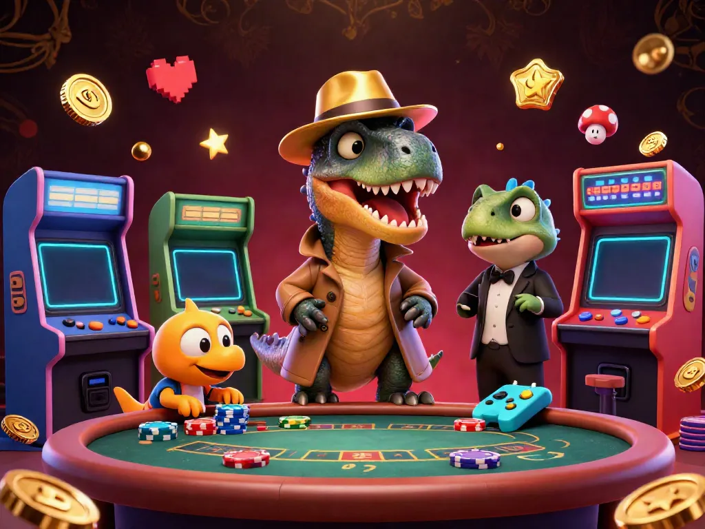 Dingdong77 showcases a playful gambling scene with a velociraptor at a blackjack table surrounded by futuristic game elements.