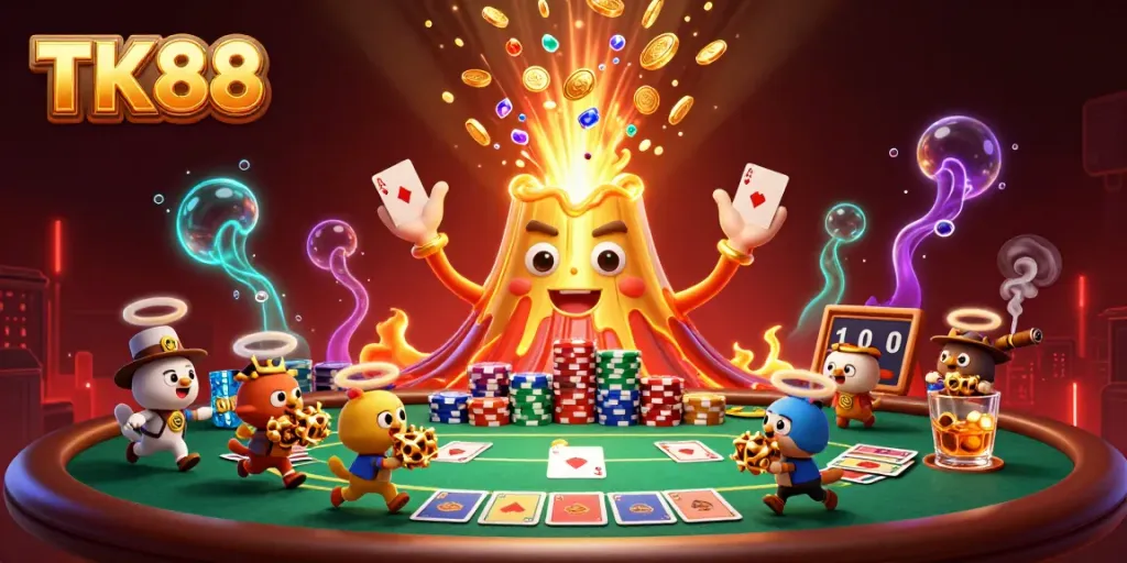 Experience the excitement of TK88 with a lively scene of treasure and poker elements.