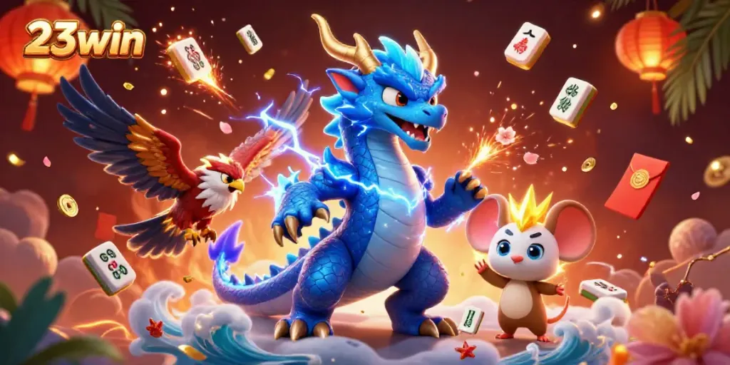 Experience thrilling gameplay at 23win with a vibrant illustration of action-packed casino elements.