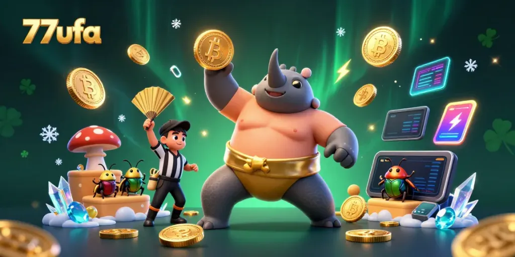 Experience the thrill and excitement of 77ufa, where a sumo champion beetle stomps golden coins amidst a vibrant crypto-themed casino.