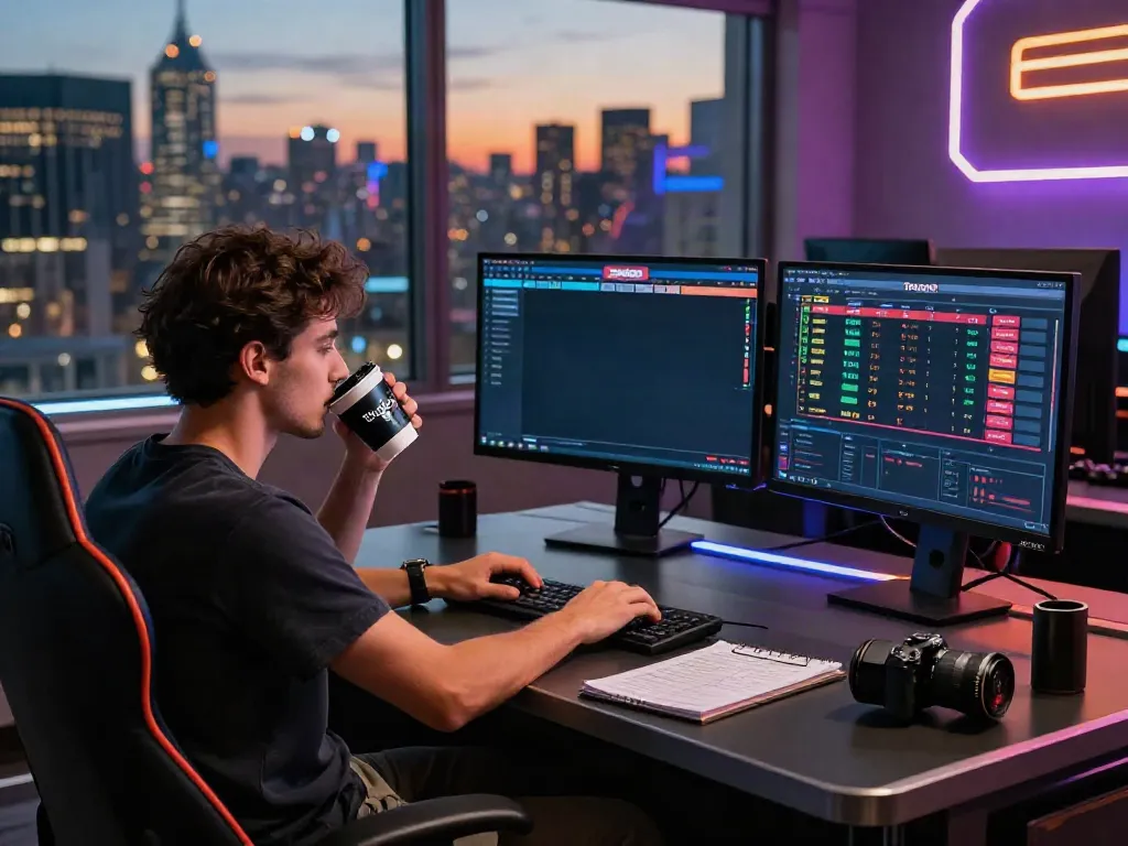 Engaging Totobet betting scene with a young man analyzing stats at a modern desk.